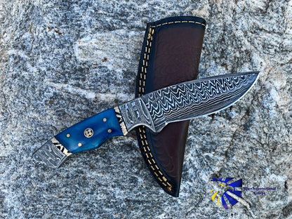 The Dyed Blue Bone Damascus Utility Knife TK-001 by Titan Intl K blue handle Damascus blade on Tampa Home & Garden Store