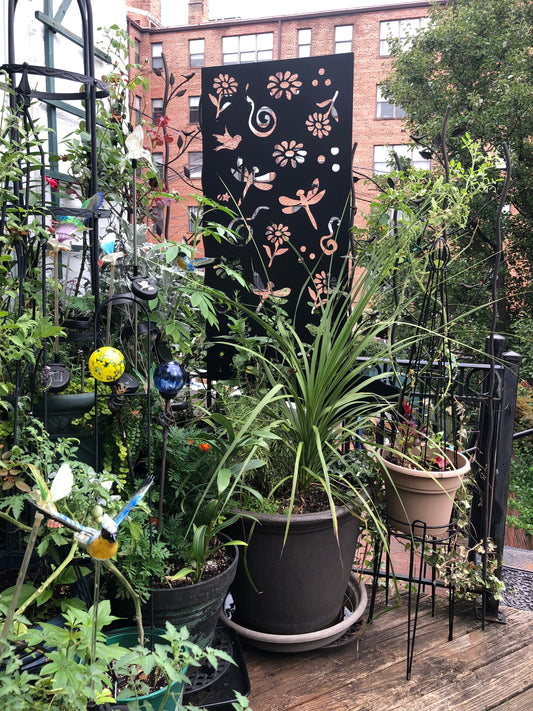 Black metal privacy screen panel with copper floral cutouts, 46-inch Rustica Ornamentals on Tampa Home & Garden Store