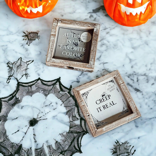 Creep + Autumn double-sided Halloween sign in wood frame with AUTUMN IS MY FAVORITE COLOR on Tampa Home & Garden Store
