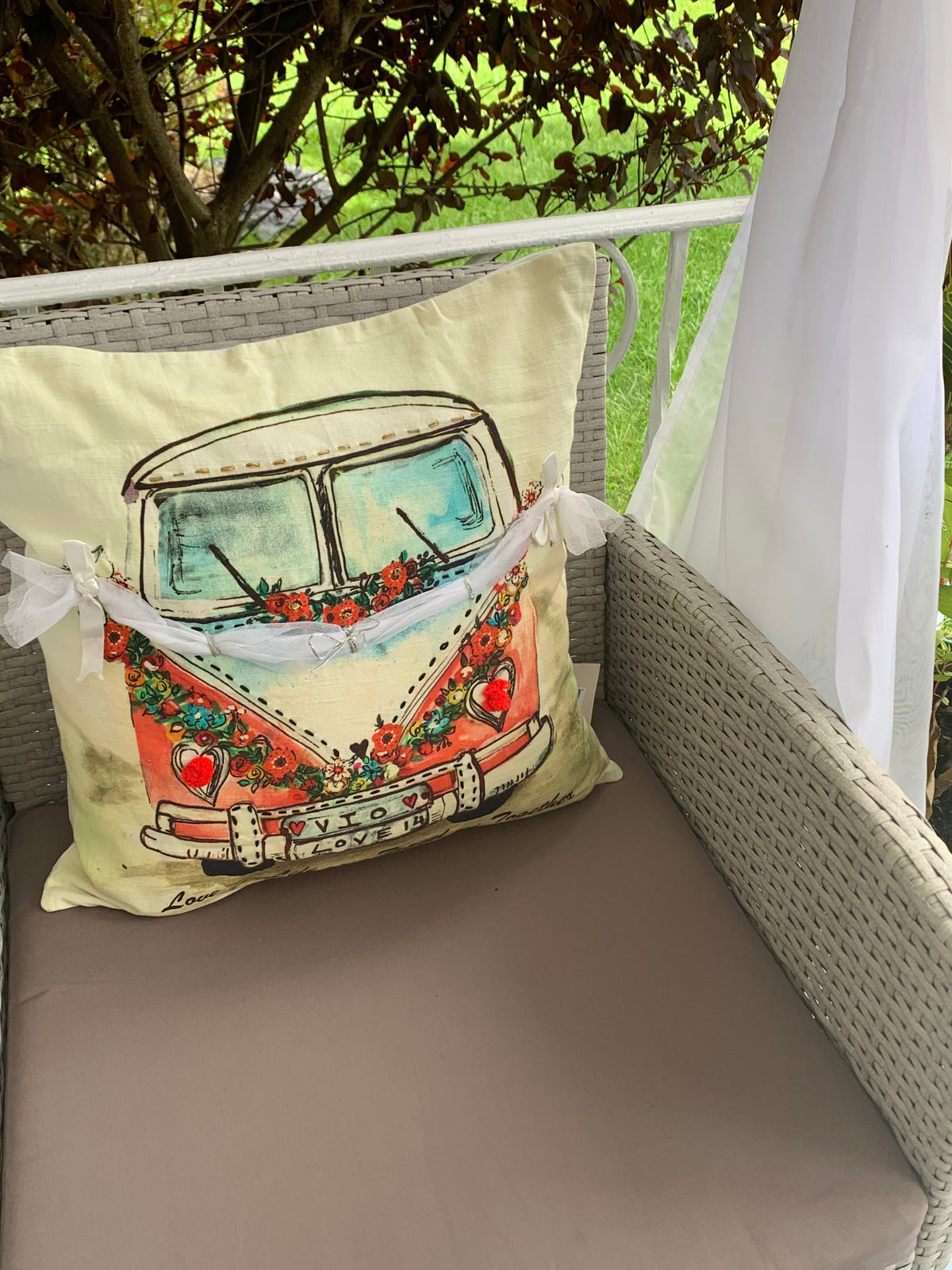 Vibhsa Valentine decorative throw pillow cream with vintage bus print and ribbon ties on Tampa Home & Garden Store
