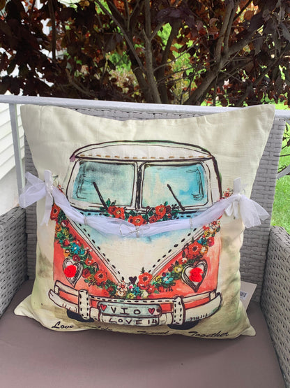 Vibhsa Valentine throw pillow cream background with vintage van print and ribbon-tied sides on Tampa Home & Garden Store