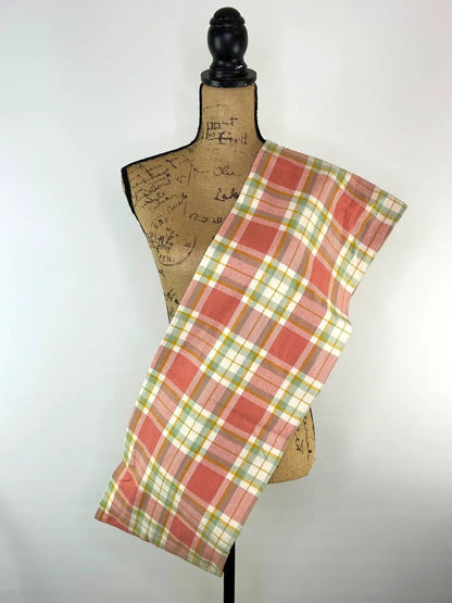 Thistle & Stitch scarf plaid flannel dusty salmon pink sage white mustard on a dress form on Tampa Home & Garden Store