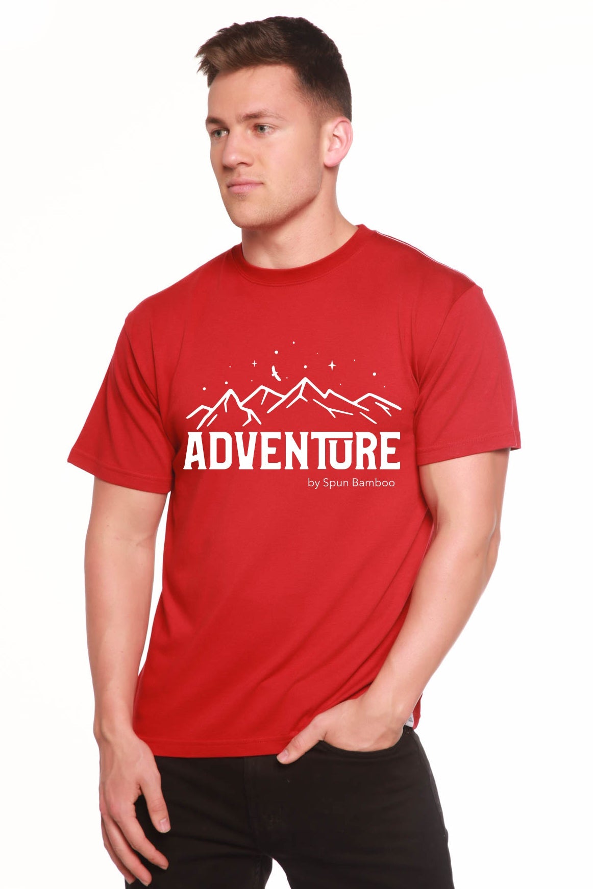 Adventure Printed men's T-shirt red with white mountain graphic by Spun Bamboo on Tampa Home & Garden Store