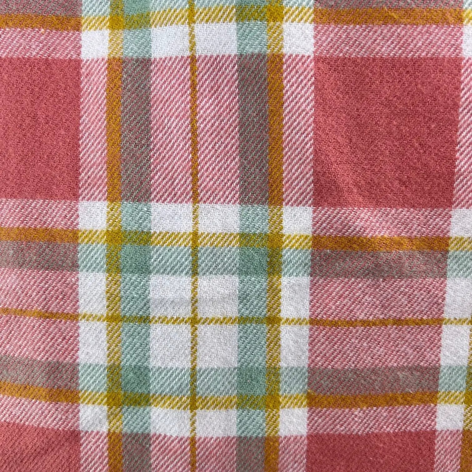 Thistle & Stitch scarf in dusty salmon pink, sage, white and mustard plaid flannel on Tampa Home & Garden Store