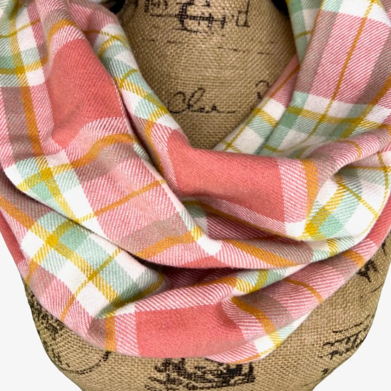 Scarf Thistle & Stitch dusty salmon pink, sage, white and mustard plaid flannel infinity scarf on Tampa Home & Garden Store