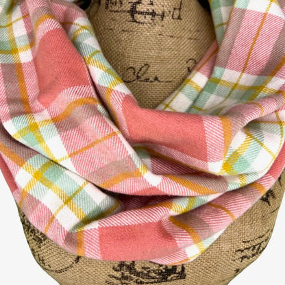 Scarf Thistle & Stitch dusty salmon pink, sage, white and mustard plaid flannel infinity scarf on Tampa Home & Garden Store