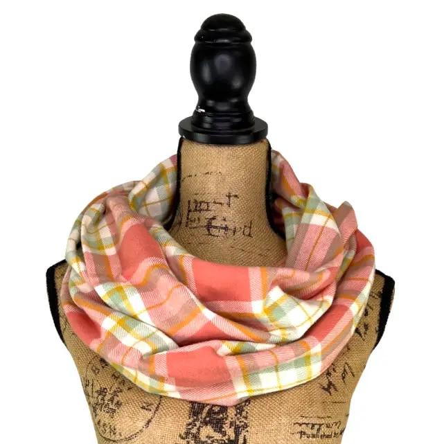 Infinity scarf dusty salmon pink with sage, white & mustard plaid flannel on Tampa Home & Garden Store