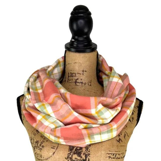 Infinity scarf dusty salmon pink with sage, white & mustard plaid flannel on Tampa Home & Garden Store