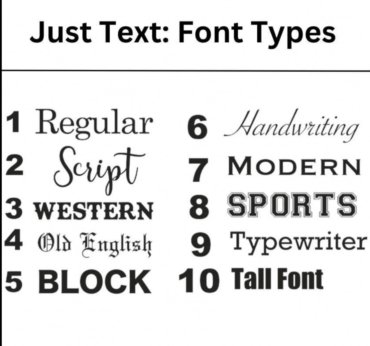 Font style sample sheet showing ten typefaces and scripts 1–10 on white background on Tampa Home & Garden Store