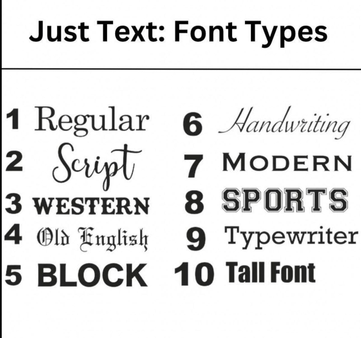 Font style sample sheet showing ten typefaces and scripts 1–10 on white background on Tampa Home & Garden Store
