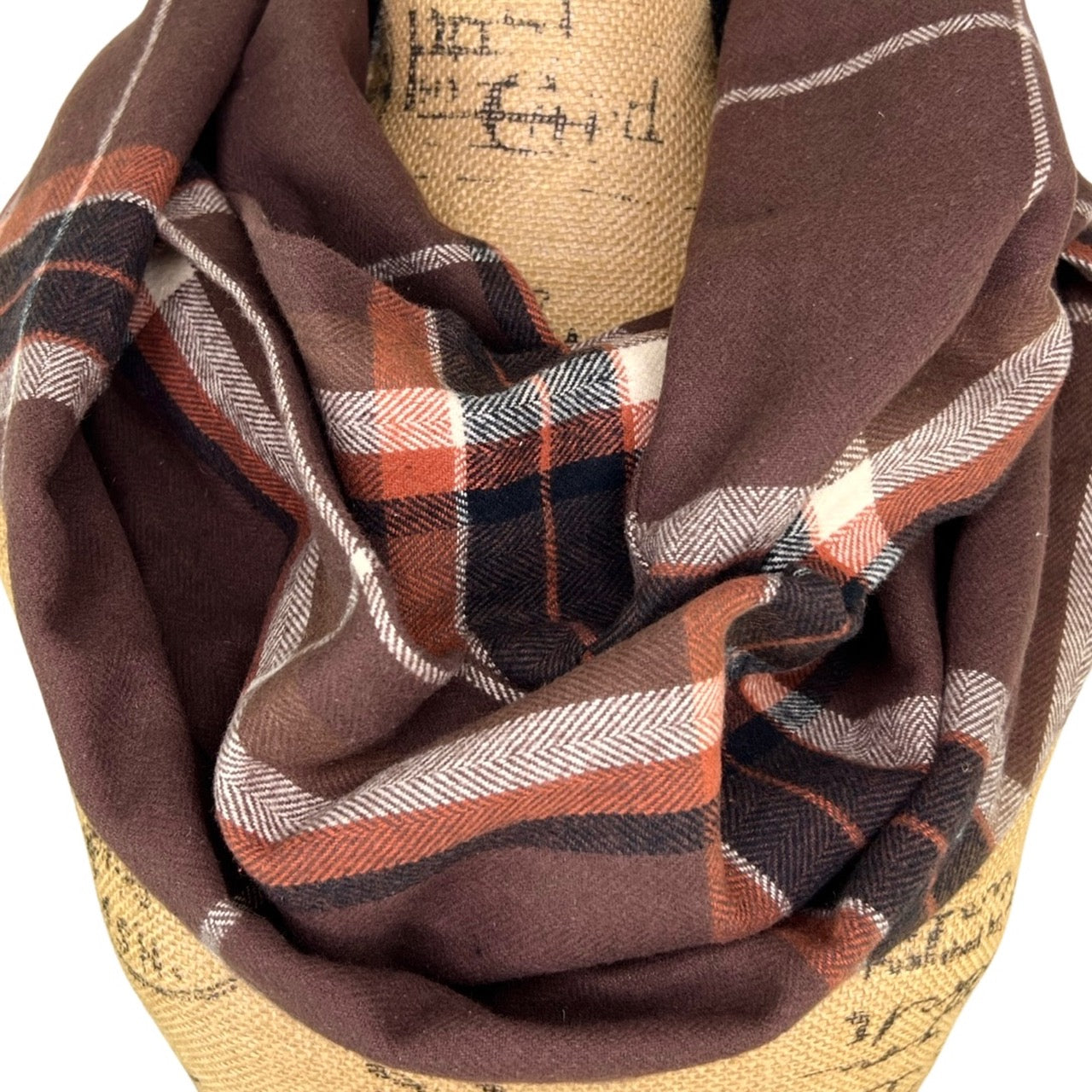 Mocha Spice Plaid - Milk Chocolate Brown, Copper Orange, Black and Cream Plaid Flannel Infinity or Blanket Scarf