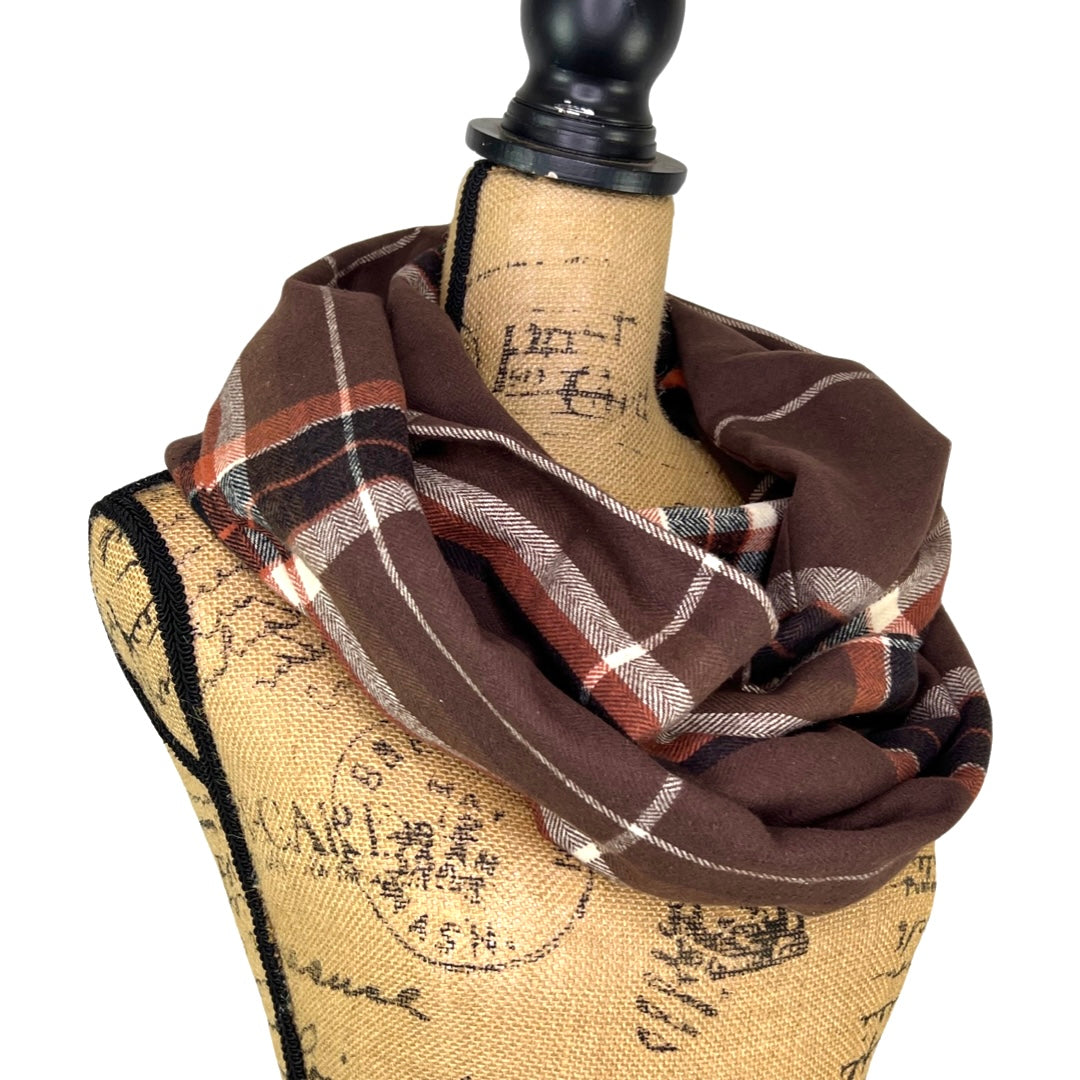 Mocha Spice Plaid - Milk Chocolate Brown, Copper Orange, Black and Cream Plaid Flannel Infinity or Blanket Scarf