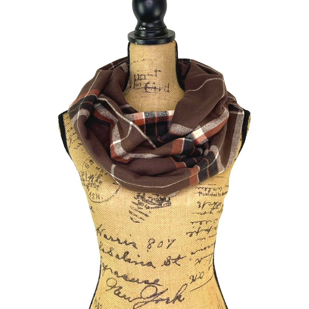 Mocha Spice Plaid - Milk Chocolate Brown, Copper Orange, Black and Cream Plaid Flannel Infinity or Blanket Scarf