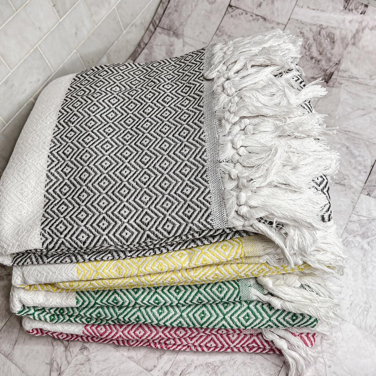 Haley Diamond Towel 200GSM by Gia Roma beach towel with geometric diamond pattern and tassels on Tampa Home & Garden Store