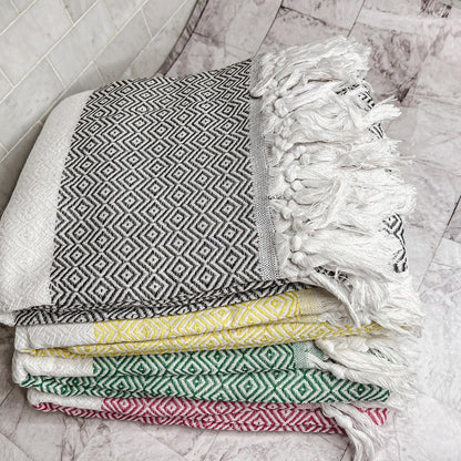Haley Diamond Towel 200GSM by Gia Roma beach towel with geometric diamond pattern and tassels on Tampa Home & Garden Store
