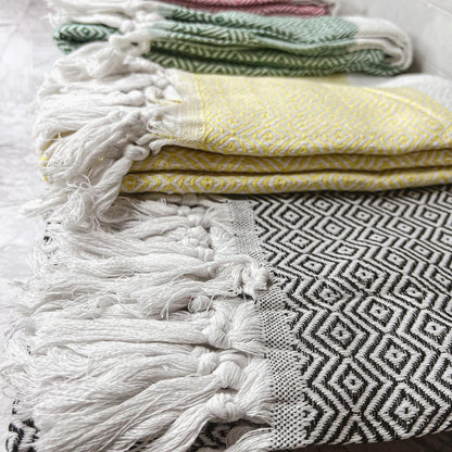 Haley Diamond Towel 200GSM Gia Roma beach towels, set of 4, stacked with fringe on Tampa Home & Garden Store