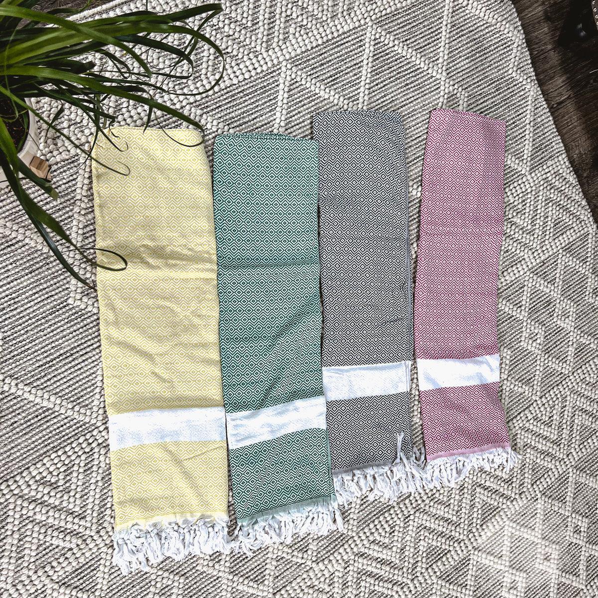 Haley Diamond Towel 200GSM by Gia Roma set of four yellow teal gray pink with white bands on Tampa Home & Garden Store