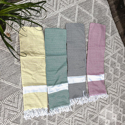 Haley Diamond Towel 200GSM by Gia Roma set of four yellow teal gray pink with white bands on Tampa Home & Garden Store