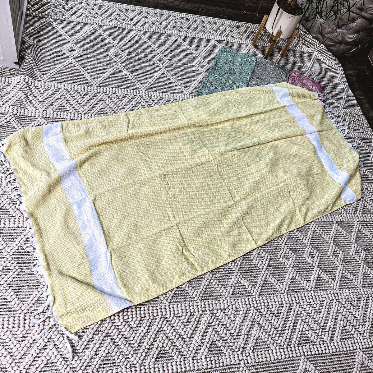 Haley Diamond Towel 200GSM Gia Roma pale yellow beach towel with stripes and diamond pattern on Tampa Home & Garden Store
