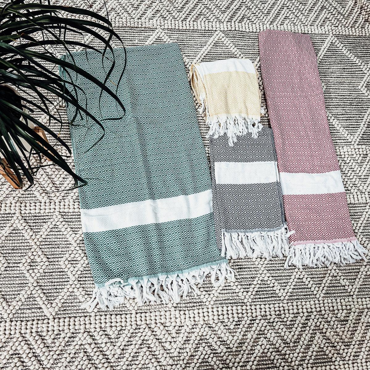 Gia Roma Haley Diamond Towel 200GSM beach towel set of 3 in teal, yellow and pink with fringe on Tampa Home & Garden Store