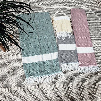 Gia Roma Haley Diamond Towel 200GSM beach towel set of 3 in teal, yellow and pink with fringe on Tampa Home & Garden Store