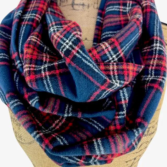 Infinity scarf in navy red white black mustard tartan plaid flannel on Tampa Home & Garden Store