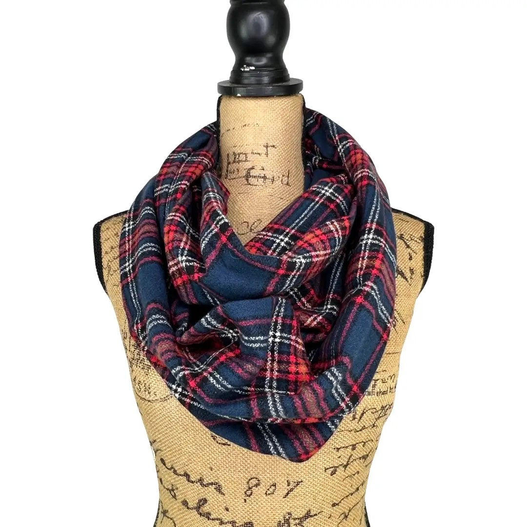 Plaid infinity scarf by Thistle & Stitch in navy red white black and mustard flannel on Tampa Home & Garden Store