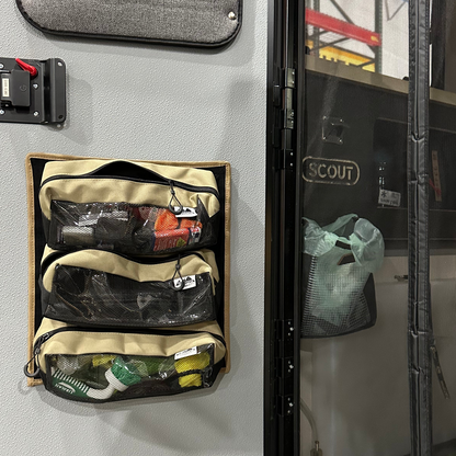 RiPouch Scout Campers Storage System tan mesh-pocket pouches mounted on a wall, 3 pockets on Tampa Home & Garden Store