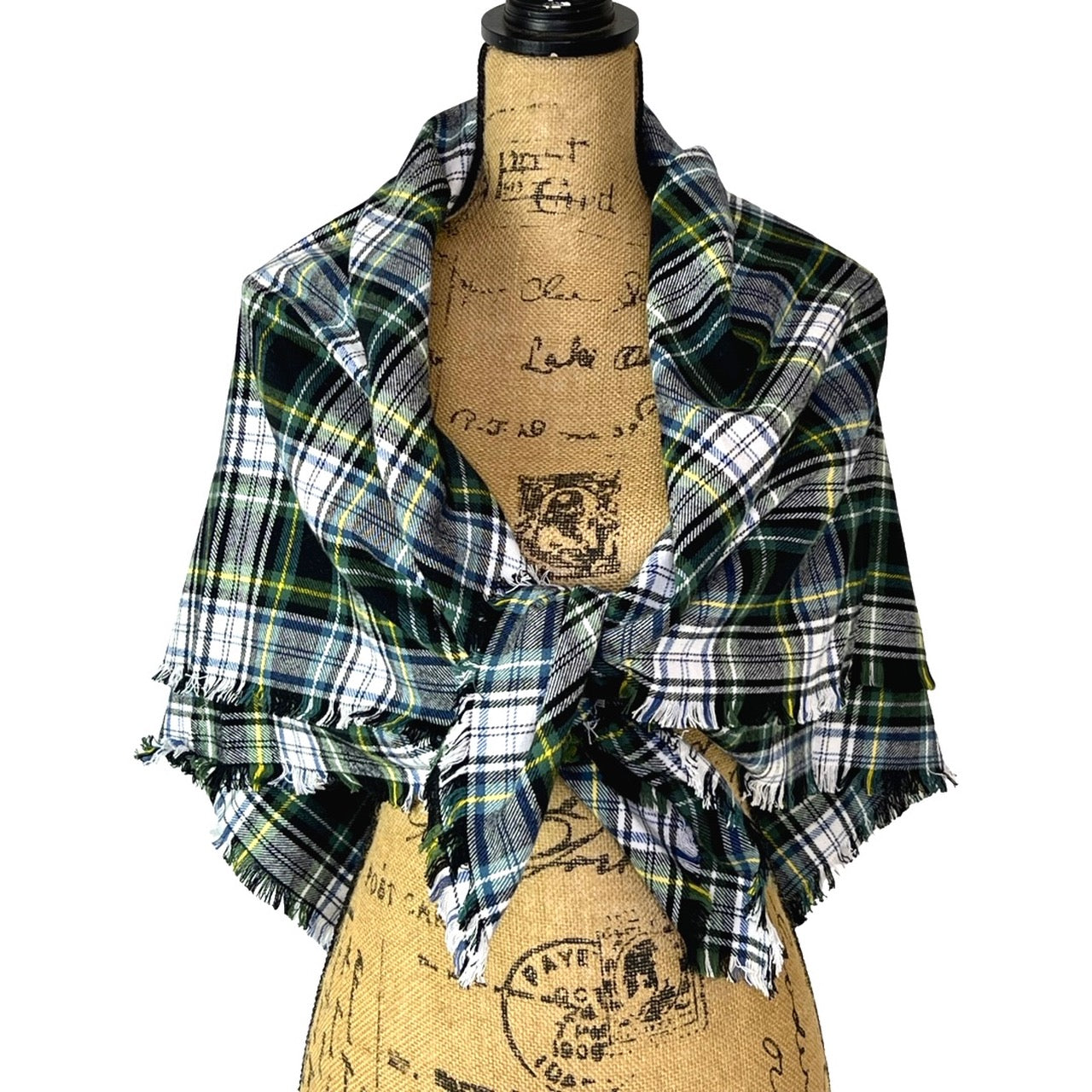 Bufanda infinita o tipo manta de franela a cuadros escoceses de color verde perenne, negro, blanco, azul polvoriento y amarillo