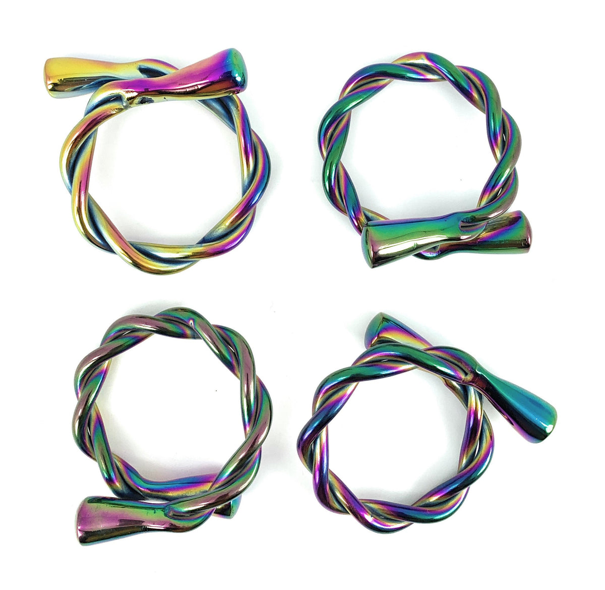 Vibhsa Rainbow Twisted Napkin Rings set of 4, stainless steel, rainbow finish, dishwasher safe on Tampa Home & Garden Store