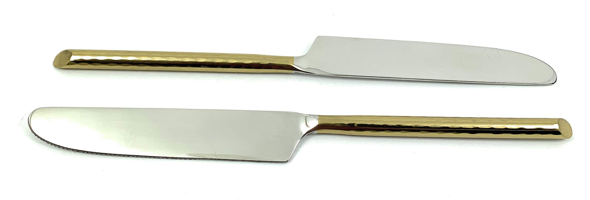 Two Vibhsa gold-tone dinner knives with stainless blades and hammered handles on Tampa Home & Garden Store