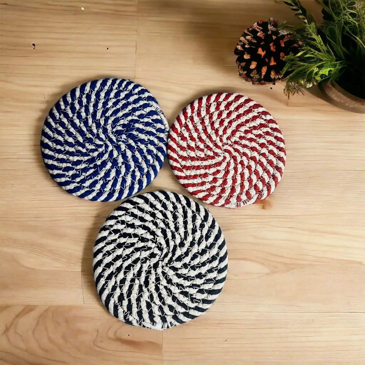 Blue and White Braided Rope Coasters Set of 4