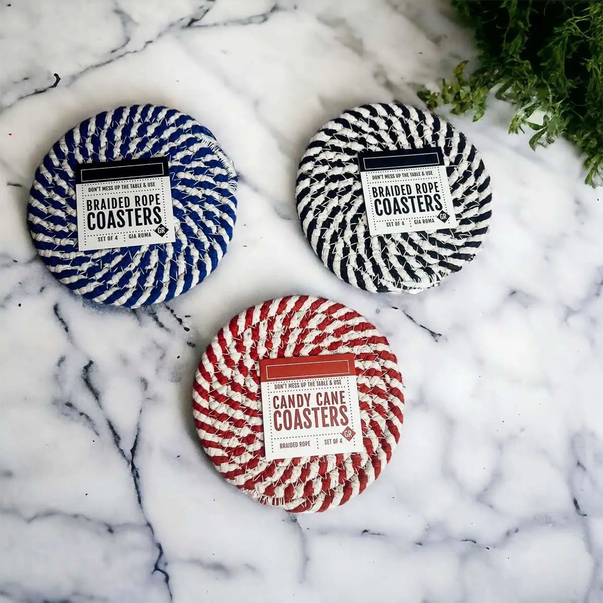 Blue and White Braided Rope Coasters Set of 4