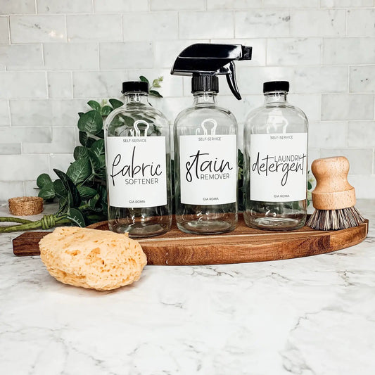 Gia Roma 16oz clear glass dispensers set of 3 with white labels on Tampa Home & Garden Store