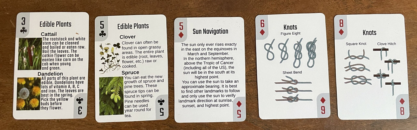 Life in a Pack Survival Playing Cards deck by River Country Gear; five cards show edible plants, sun navigation, and knots on Tampa Home & Garden Store