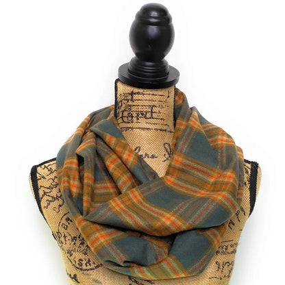 Scarf by Thistle & Stitch dusty deep teal plaid infinity scarf with sage and persimmon orange on Tampa Home & Garden Store