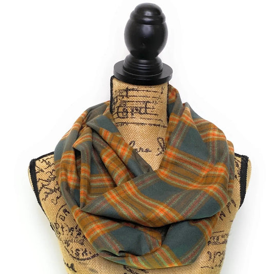 Scarf by Thistle & Stitch dusty deep teal plaid infinity scarf with sage and persimmon orange on Tampa Home & Garden Store