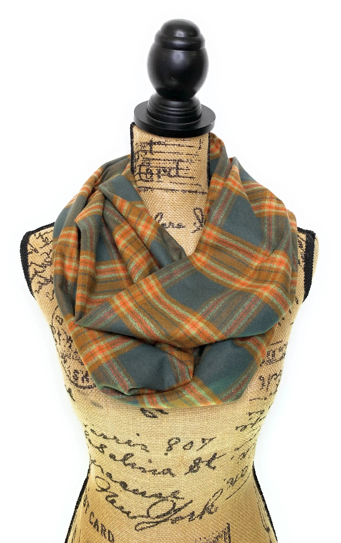 Infinity scarf in dusty deep teal with sage and persimmon orange plaid, Luxe Collection wrapped on Tampa Home & Garden Store