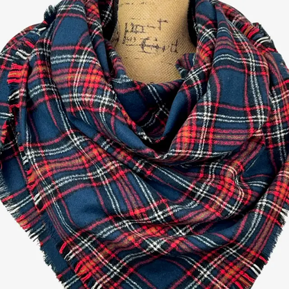 Scarf Thistle & Stitch tartan plaid flannel infinity scarf navy red white black mustard fringe on Tampa Home & Garden Store