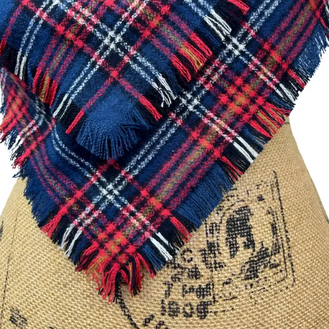 Scarf, tartan plaid in navy red white black mustard, flannel infinity/blanket style with fringe on Tampa Home & Garden Store