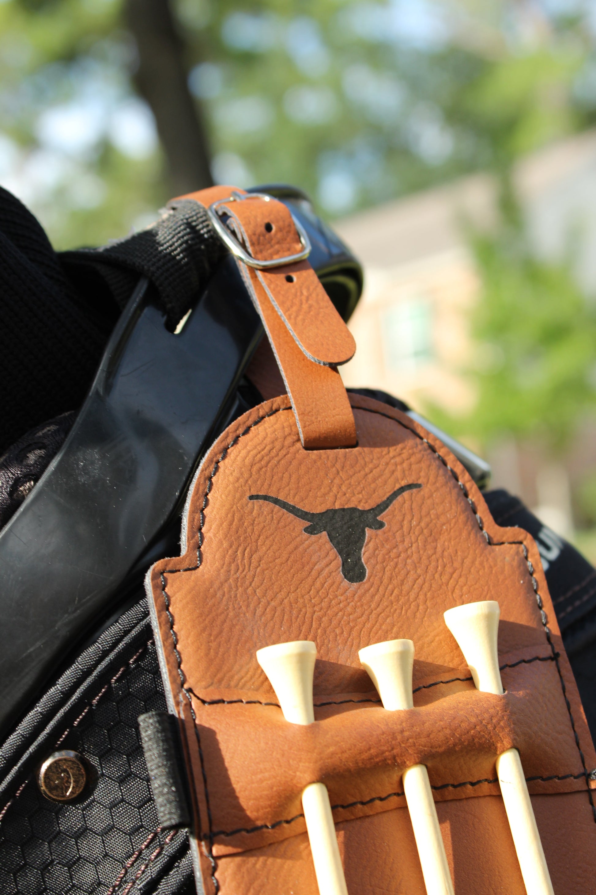 Texas Longhorn Leather Golf Tee Holder brown leather with longhorn logo for golf bag on Tampa Home & Garden Store