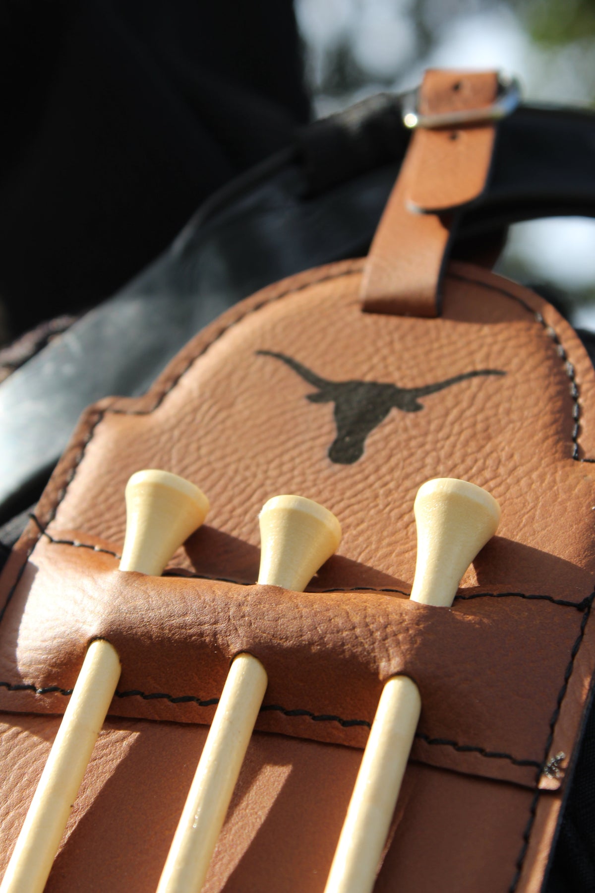 Texas Longhorn Golf Tee Holder by Ryan's Woodworking tan leather longhorn holds 4 tees on Tampa Home & Garden Store