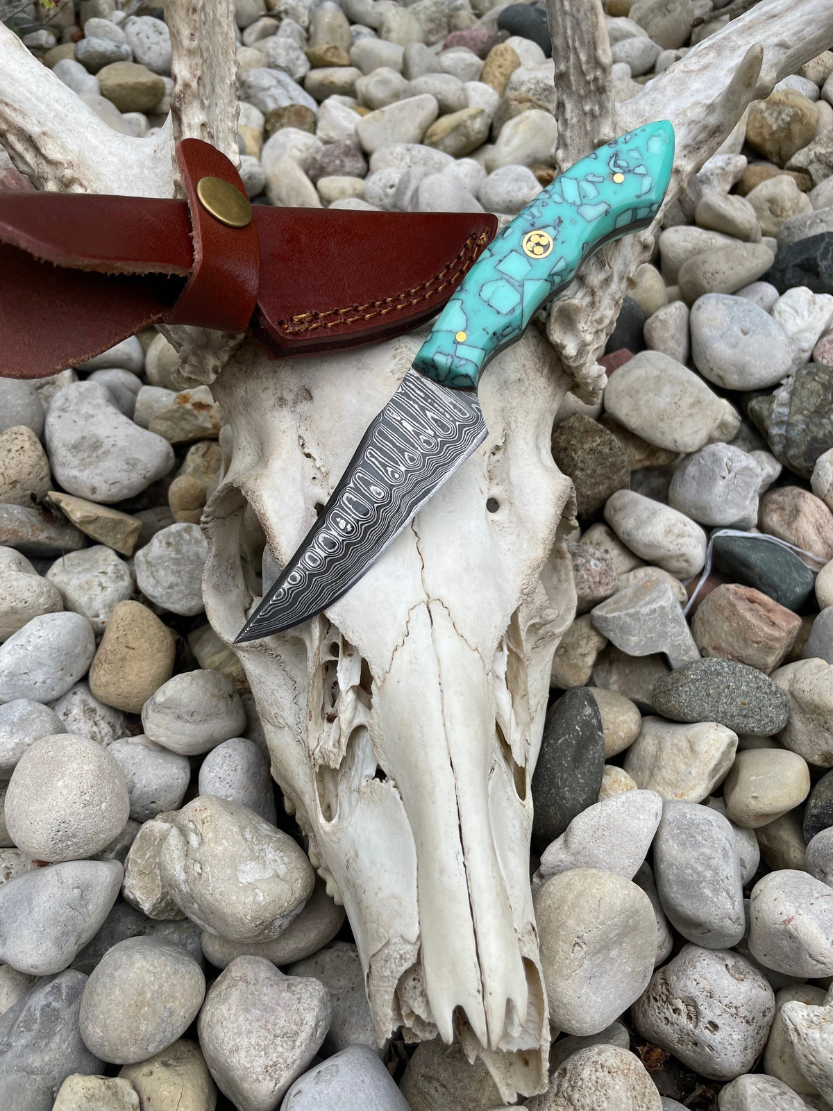 Arrival TD-706 knife by Titan International K with teal mosaic handle and Damascus blade on Tampa Home & Garden Store