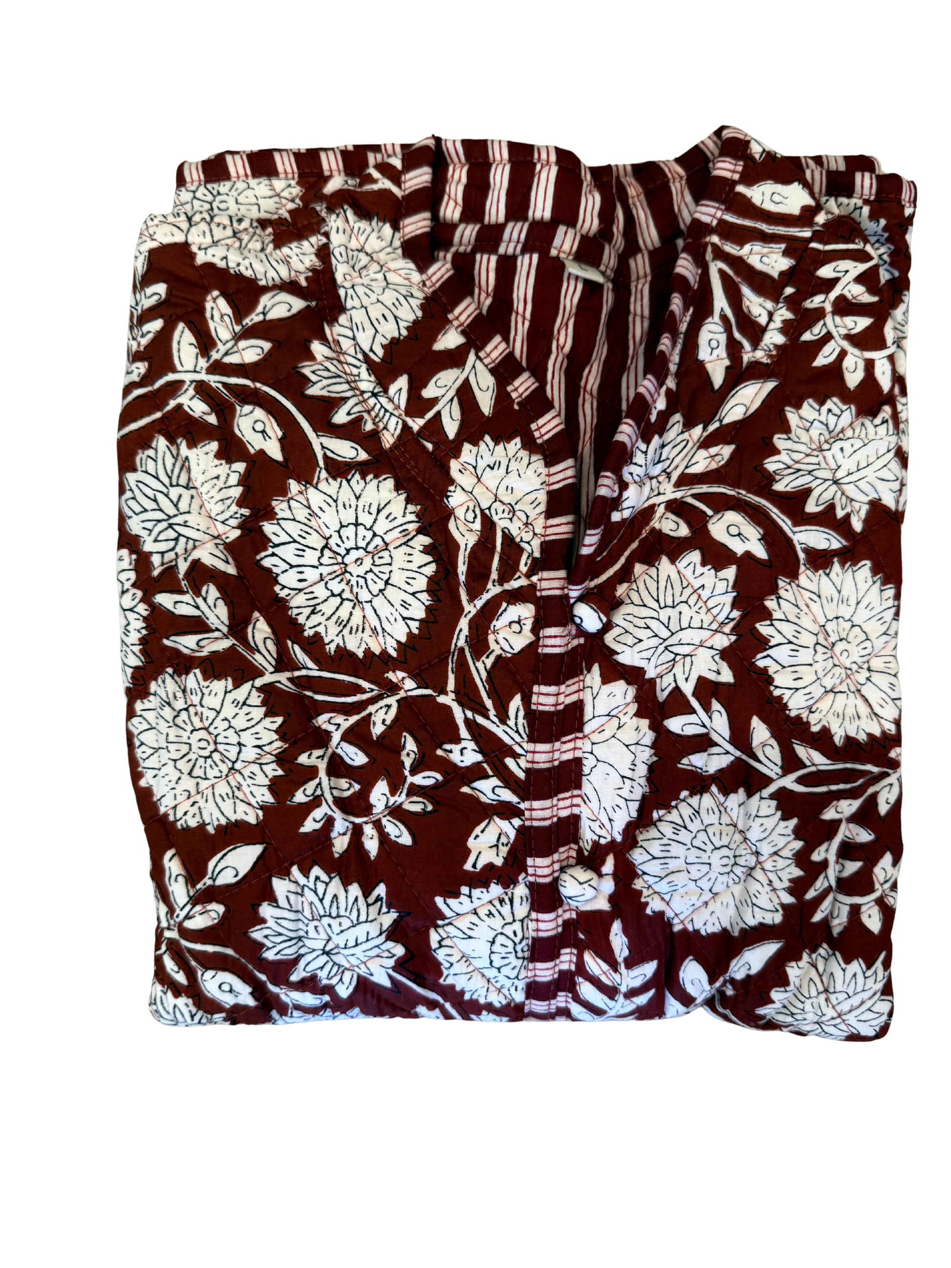 The Charlotte Jacket in Maroon Posy with white floral print by Erin Donahue Tice on Tampa Home & Garden Store
