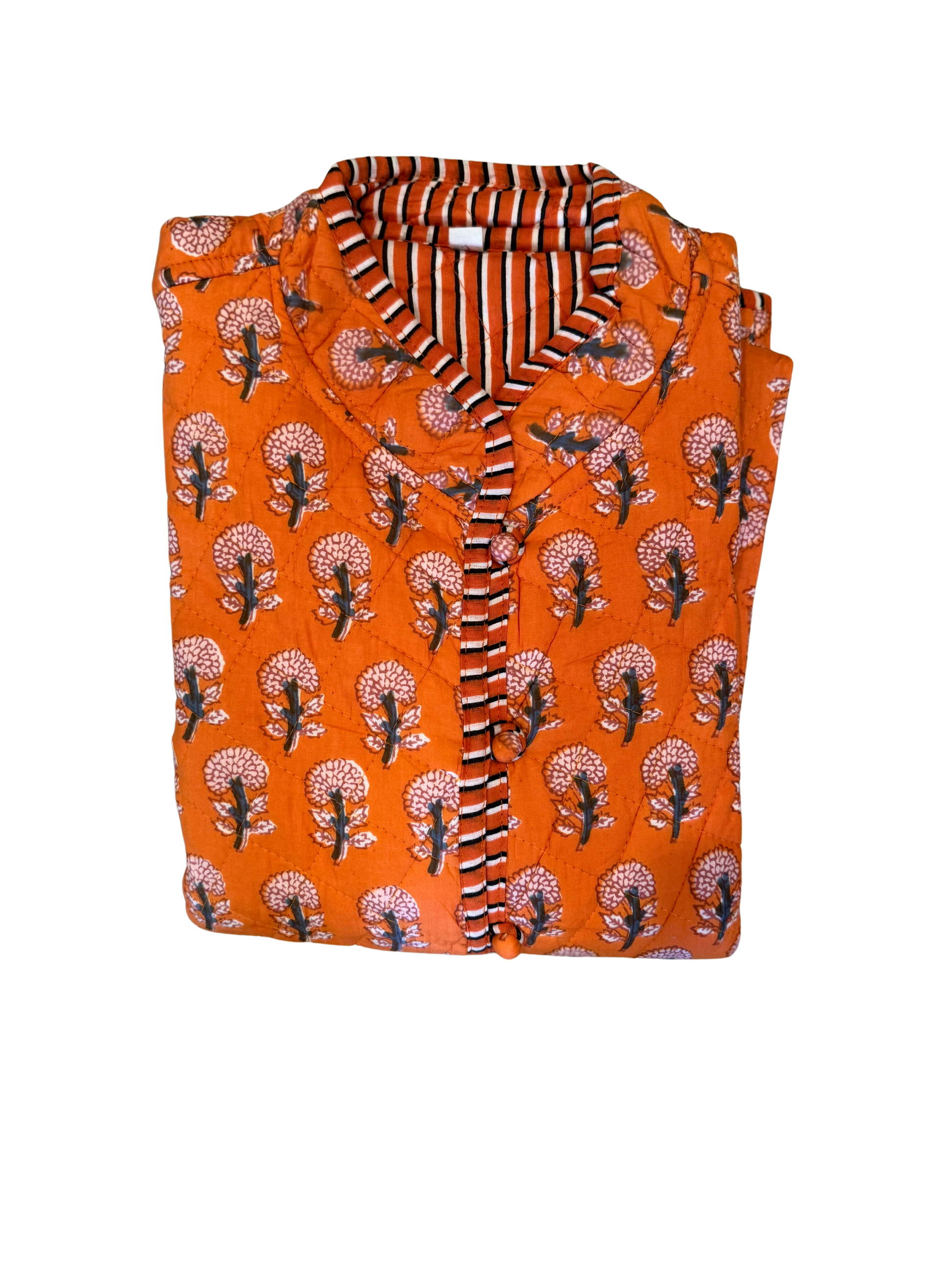 Charlotte Jacket Poppy Orange by Erin Donahue Tice, quilted orange with striped lining on Tampa Home & Garden Store