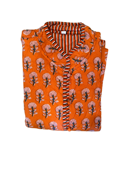 Charlotte Jacket Poppy Orange by Erin Donahue Tice, quilted orange with striped lining on Tampa Home & Garden Store