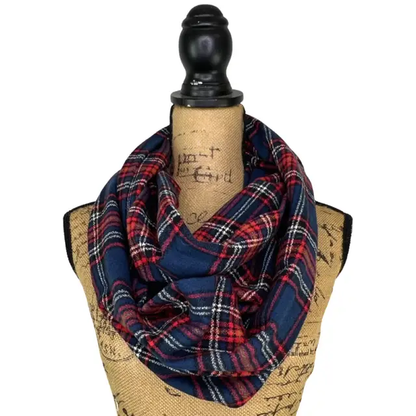 Tartan plaid scarf by Thistle & Stitch in navy red white black and mustard infinity style on Tampa Home & Garden Store