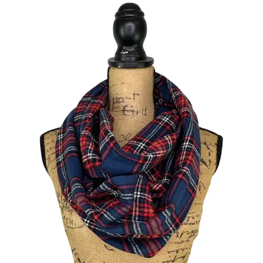 Tartan plaid scarf by Thistle & Stitch in navy red white black and mustard infinity style on Tampa Home & Garden Store