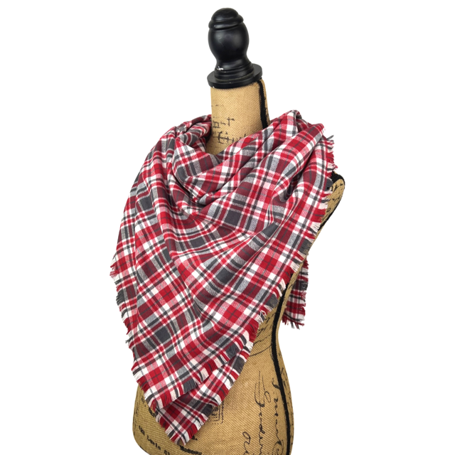 Écharpe infinie ou couverture en flanelle à carreaux rouges, gris anthracite et blancs