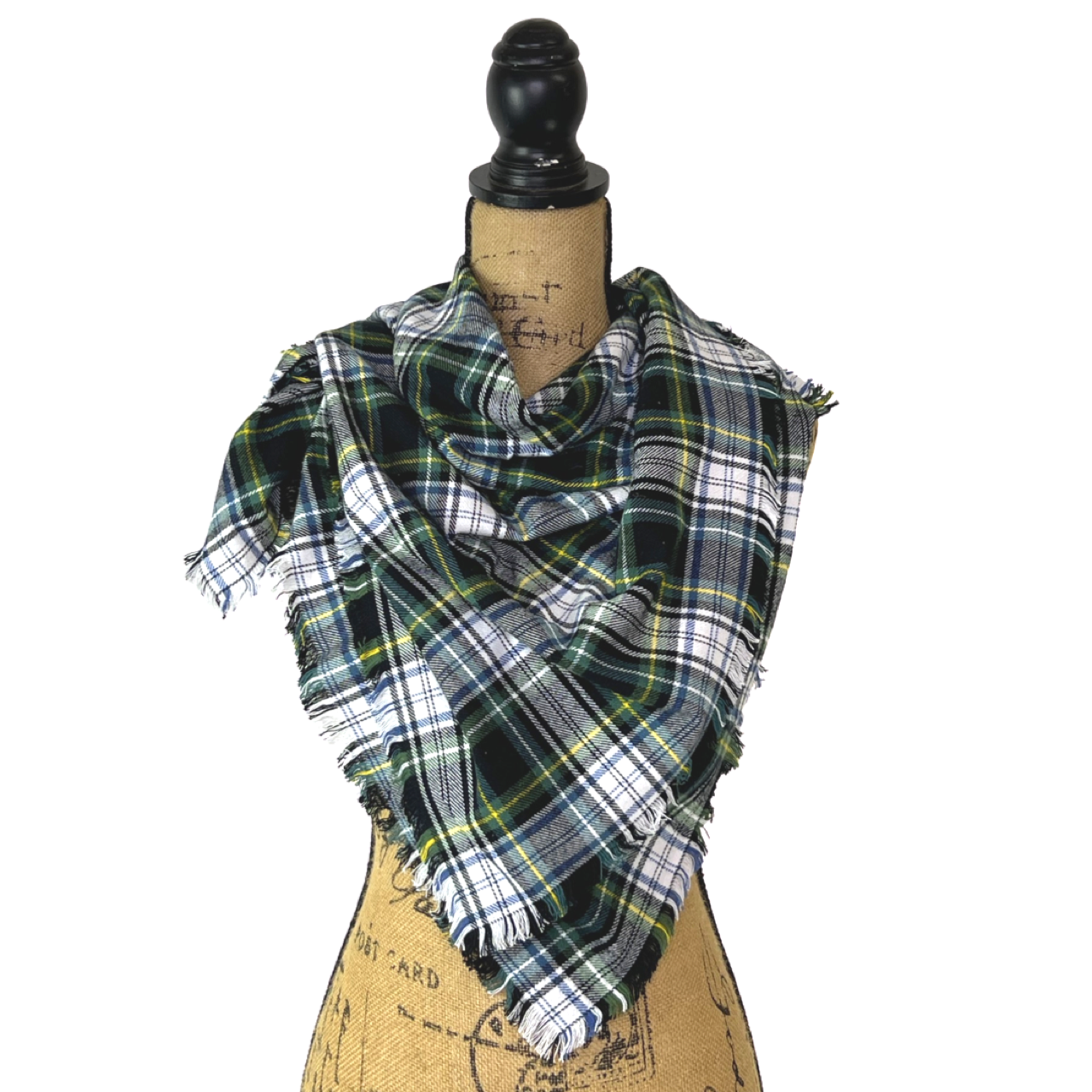 Bufanda infinita o tipo manta de franela a cuadros escoceses de color verde perenne, negro, blanco, azul polvoriento y amarillo